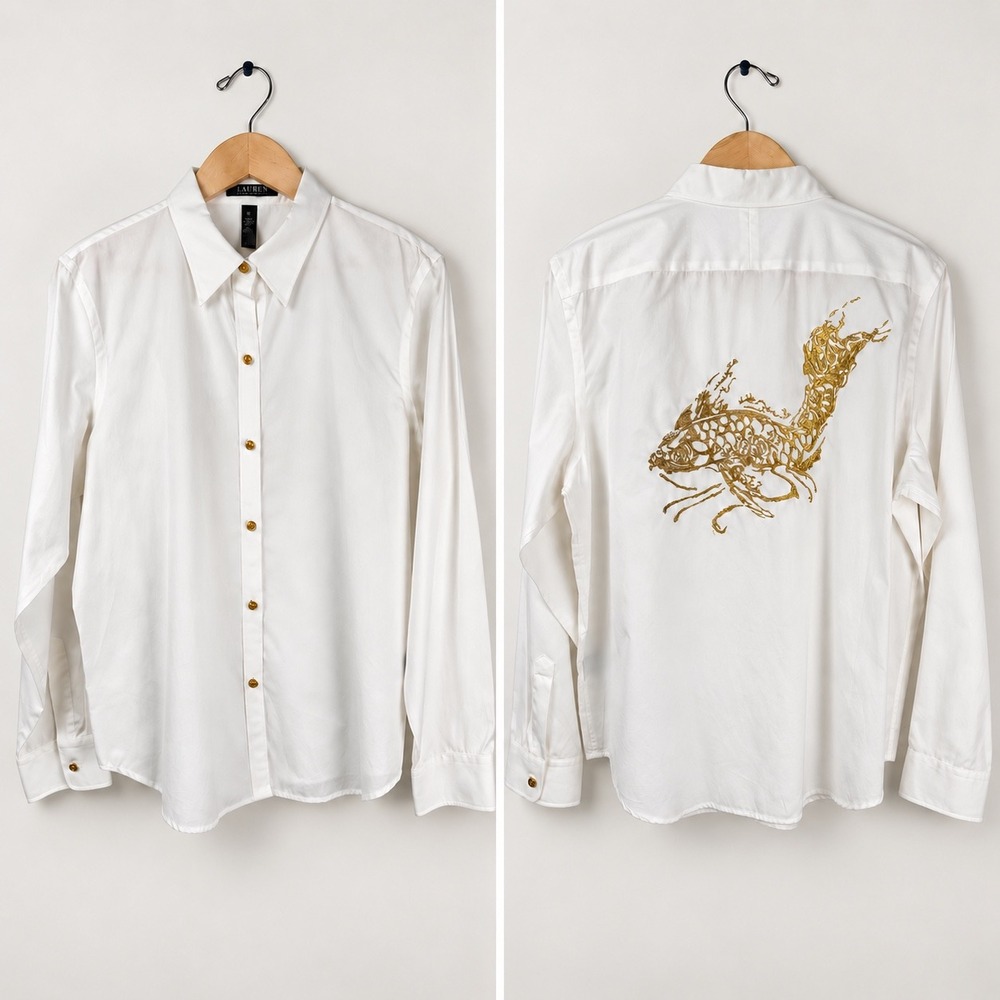 Lauren Ralph Lauren Y2K Gold Embroidered Koi Fish White Button Down Women XL